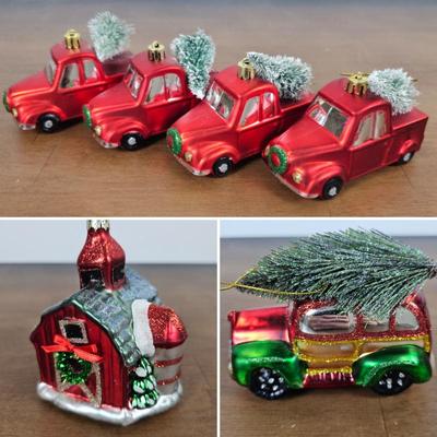Lot #51 - Red Truck & Barn Glass Christmas Ornaments – Vintage Farmhouse Holiday Set (6 Pieces)