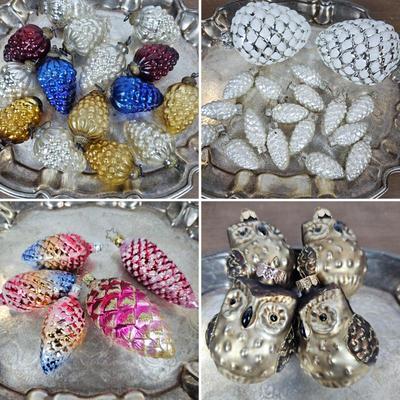 Lot #80 - Vintage Glass Pinecone, Owl & Fruit Ornaments – Assorted Set with Metallic Finish