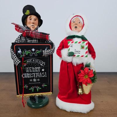 Lot #92 - Pair of Christmas Caroler Figures by Byer's Choice, Signed – Holiday Couple with Chalkboard & Letter to Santa