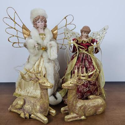 Lot #95 - Set of 2 Elegant Christmas Angels with Gold Wings & 2 Glittered Reindeer – Holiday Decor Display