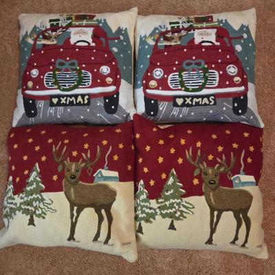 Lot #148 - Set of 4 Pottery Barn Hooked Christmas Pillows With Duck Feather & Down Inserts – Santa in Red Car & Reindeer