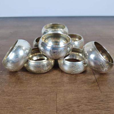 Lot #109 - Vintage Silverplate Napkin Rings with Engraved Holly – Classic Holiday Tableware (Set of 8)