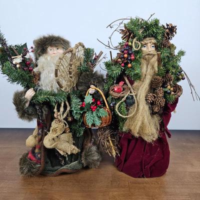 Lot #84 - Pair of Woodland Santa Figures – Rustic Christmas Décor with Pinecones & Greenery