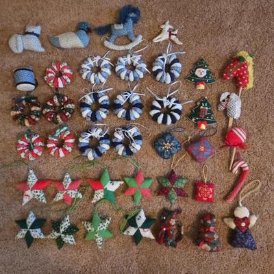 Lot #165 - Lot of 39 Charming Handmade Fabric Christmas Ornaments – Stars, Wreaths & Patchwork Shapes