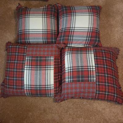 Lot #146 - Set of 4 Pottery Barn Red Plaid Holiday Pillows With Feather Inserts – Rustic Farmhouse Christmas Decor
