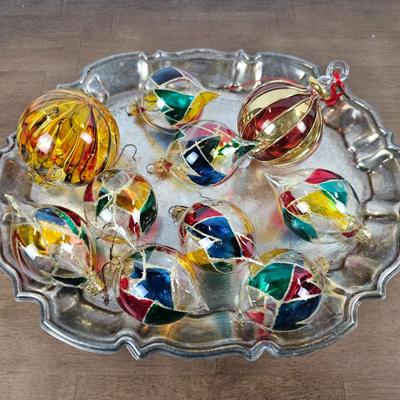 Lot #7 - Vintage Stained Glass Teardrop Ornaments (8) Plus 2 Handblown Glass Ornaments