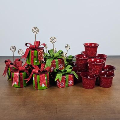 Lot #110 - Holiday Glitter Gift Box Place Card Holders & Red Battery Operated Votives – Christmas Table or Mantel Display