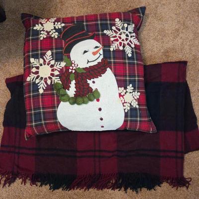 Lot #150 - Plaid Snowman Christmas Pillow with Similar Throw Blanket – Holiday Decor Set