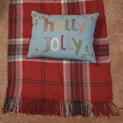 Lot #152 - Pier1 “Holly Jolly” Christmas Pillow with Pottery Barn Red Plaid Fringe Blanket – Holiday Decor Set