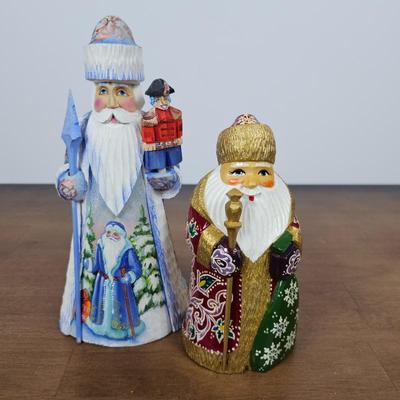 Lot #96 - Pair of Hand-Crafted & Signed Wooden Father Christmas Figures – Russian Ded Moroz Style Santa Claus