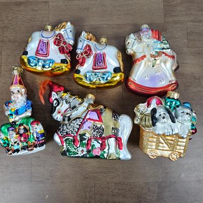 Lot #56 - Lot of 6 Vintage Style Hand-Blown Glass Ornaments – Horses, Puppies, Elf with Toys & Holiday Carriage