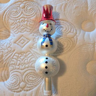 Lot #166 - Vintage Snowman Christmas Tree Topper – Glitter Red Hat & Blue Scarf Holiday Decoration