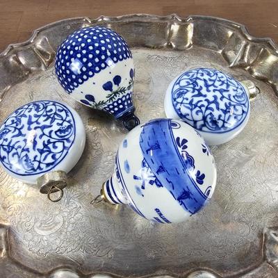 Lot #22 - Boleslawiec Poland Ball Ornament, Delft Blue Merry Christmas Windmill Ceramic Ball Ornament & Chinoiserie Ornaments