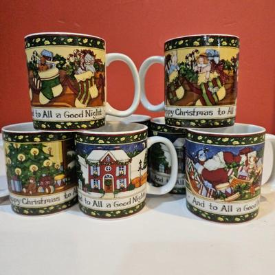Lot #130 - Handcrafted Susan Winget Portmeirion Christmas Story 8 Mug Set "Happy Christmas to All" “And to All a Good Night” 