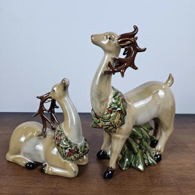 Lot #102 - Elegant Ceramic Reindeer Figurine Set – Holiday Deer with Wreath Accents, Christmas Decor