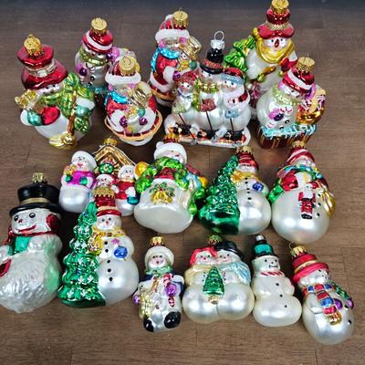 Lot #74 - Lot of 17 Glass Snowman Christmas Ornaments – Assorted Designs & Holiday Colors