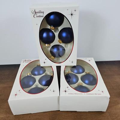 Lot #19 - Vintage "Sparkling Creations" Blue Glass Christmas Ornaments Three Boxes of Four