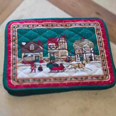 Lot #141 - Quilted Christmas Village Scene Placemats Set of 8 – Horse & Sleigh Winter Town Design