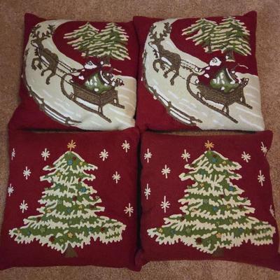 Lot #147 - Set of 4 Pottery Barn Hooked Wool Christmas Pillows With Feather & Down Inserts– Santa Sleigh & Christmas Tree Design
