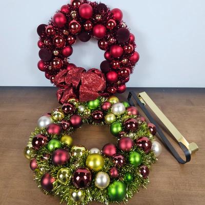 Lot #120 - Set of 2 Ornament Ball Christmas Wreaths with Door Hangers – Red & Multicolor Holiday Decor