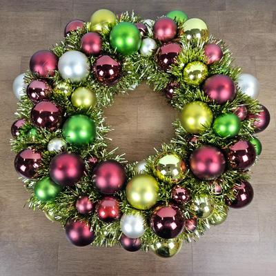 Lot #119 - Ornament Ball Christmas Wreaths – Red, Green, Gold, and Silver Baubles with Tinsel Accents