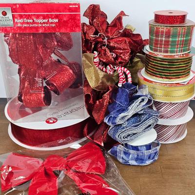 Lot #111 - Holiday Ribbon & Bow Lot – Tree Toppers, Wired Ribbon Spools, Gift Wrapping & Craft Supplies