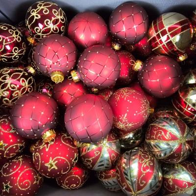 Lot #75 - Collection of Red and Gold Plastic Christmas Ornaments – Patterned & Glittered Balls