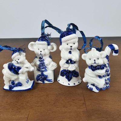 Lot #21 - Delft Blue Christmas Bear Ornament Set of Four. 