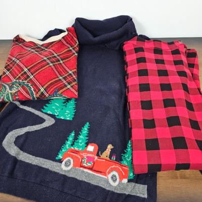 Lot #104 - Women’s Medium Holiday Apparel Lot – Christmas Sweater, Plaid Tops, and Buffalo Check Shirt