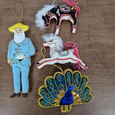 Lot #93 - Set of 4 Handcrafted Fabric Ornaments – Folk Art Peacock, Horses & Claude Monet