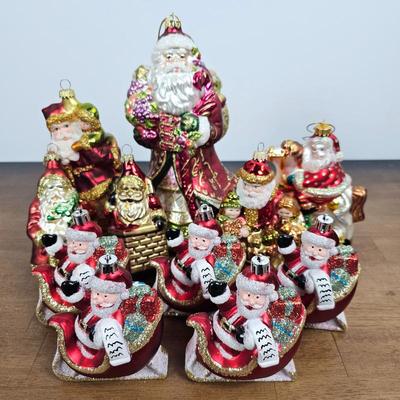Lot #64 - Lot of 11 Glass Santa Christmas Ornaments – Sleighs, Classic Figures & Vintage Style