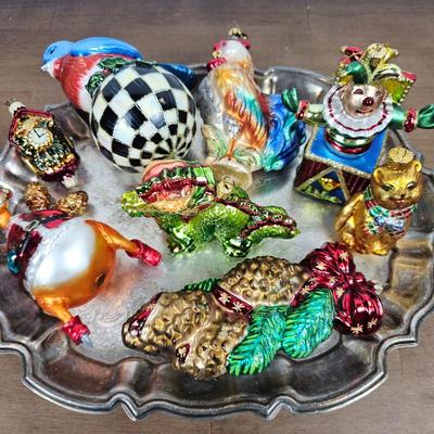 Lot #58 - Lot of 8 Whimsical Glass Christmas Ornaments – Clown, Rooster, Dinosaur, Pinecone, Cat, and More