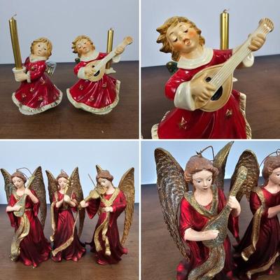 Lot #90 - Red & Gold Angel Figurines – Holiday Musician Angels and Goebel W Germany Musical Candleholders (Sets of 2 & 3)