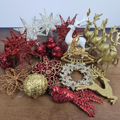 Lot #67 - Lot of 21 Glitter Christmas Ornaments – Stars, Reindeer, Birds, Wreath, and Decorative Accents