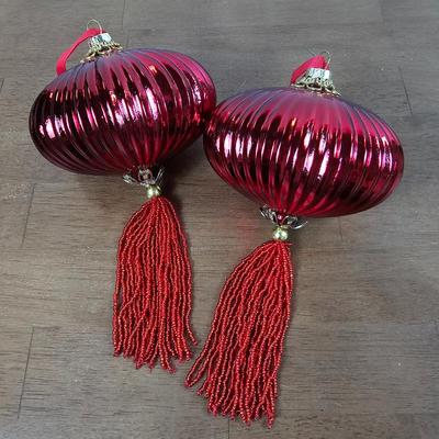 Lot #8 - Red Ribbed Mercury Glass Ornaments With Beaded Tassels