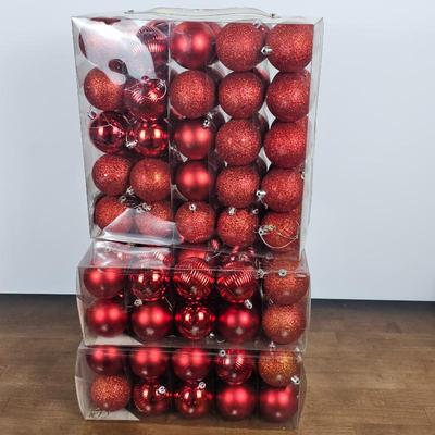 Lot #70 - Lot of Red Christmas Ornaments – Matte, Shiny & Glitter Ball Sets in Clear Boxes