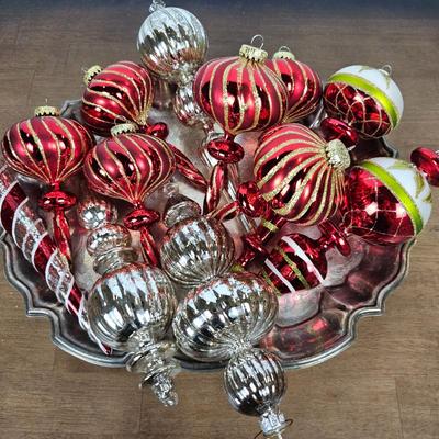 Lot #73 - Lot of 12 Red and Silver Glass & Plastic Christmas Ornaments – Finials, Stripes & Glitter Designs