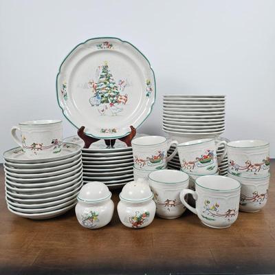 Lot #127 - International Tableworks England Country Christmas -Tree & Farm Animals Stoneware Dinnerware Set (Large Lot)