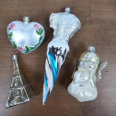 Lot #59 - Set of 4 Elegant Glass Ornaments – Angel, Heart with Roses, Polar Bear, Eiffel Tower