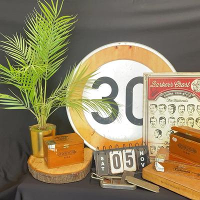 Metal Sign, Cigar Boxes, Old Shaver and More