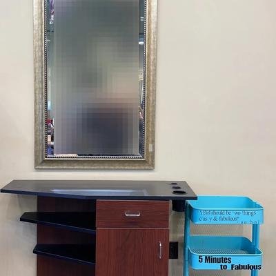 Salon Station w/ Mirror, Decor, and Rolling Caddy