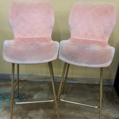 Set Of Two-Quilted Blush Pink Velvet Bar Stool