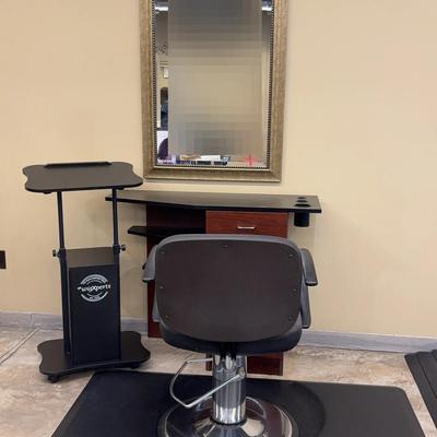 Salon Station with Mirror, Cart, Mat, Chair and Decor