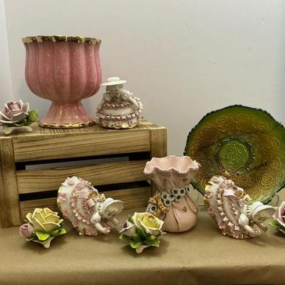 9pc Vintage Pink Glassware And Ceramic Pottery 