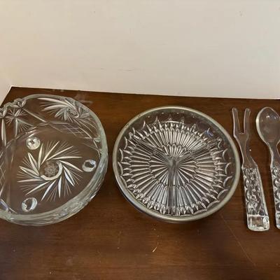 Lot of crystal bowl divided relish, dish, and serving utensils