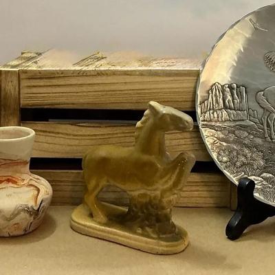4pc Western Decor- Nemadji Pottery Vases, Collectible Silver Plate And Sandstone Horse Figurine 