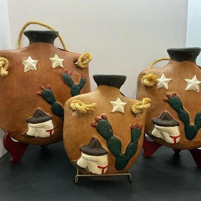 3pc Folk Art Leather Mexican Pottery