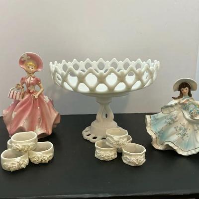 11 Pc Vintage Milk Glass Compote, Porcelain Figurines And Napkin Rings
