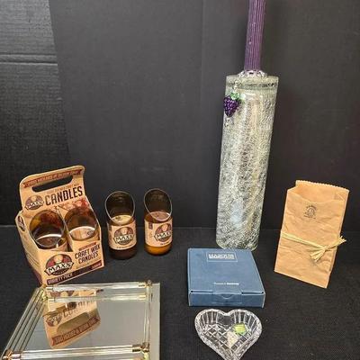 Max's Taphouse Bottle Candles, Waterford Crystal Heart, Pottery Bag