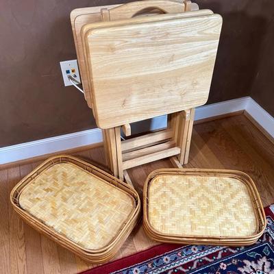 Wooden TV Tables With Stand And 10 Rattan Trays 